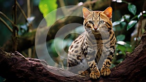 Tropical Symbolism: Majestic Bengal Cat Perched On A Tree Branch photo