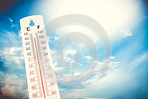 Tropical temperature, measured on an outdoor thermometer, global heat wave.