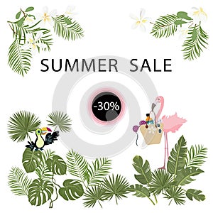 Tropical template for summer sale poster, banner, postcard, flowers, plantn, flamingo, toucan birds Vector isolated photo