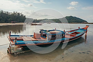 Tropical Thai jungle lake Cheo lan wood boat, wild mountains nature national park ship yacht rocks