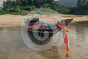 Tropical Thai jungle lake Cheo lan wood boat, wild mountains nature national park ship yacht rocks