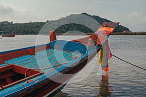 Tropical Thai jungle lake Cheo lan wood boat, wild mountains nature national park ship yacht rocks