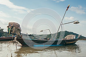 Tropical Thai jungle lake Cheo lan wood boat, wild mountains nature national park ship yacht rocks