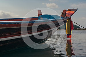 Tropical Thai jungle lake Cheo lan wood boat, wild mountains nature national park ship yacht rocks