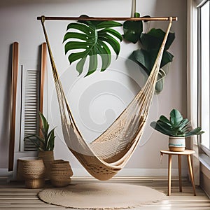 A tropical-themed room with palm leaf prints, bamboo furniture, rattan decor, and a hammock suspended in a corner2