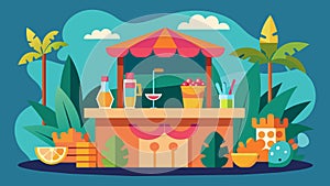 A tropical tiki bar with a surf rock soundtrack serving up fruity tails in fun novelty cups and glasses. Vector photo