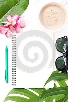 Tropical top view summer botanical concept still life notebook monstera flower flatly layout