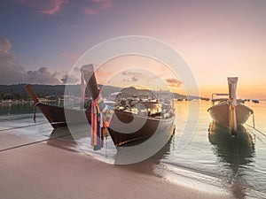 Tropical tranquil seascape with shorea and boat, Thailand beach