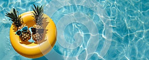 Tropical Tranquility banner with copy space. Two funny charming Pineapples Relax in the pool on an yel Inflatable ring, Creating a photo