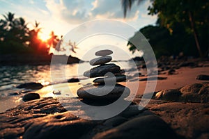 Tropical tranquility Rocky beach, colorful sunset, peaceful seashore at dusk