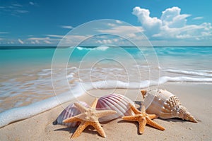 Tropical tranquility Starfishes, seashells on pastel beach, crystal clear waters