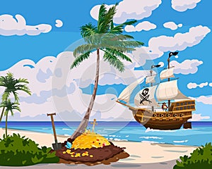 Tropical Treasure Island Pirate chest full of gold coins, gems, crown, sword, digging hole