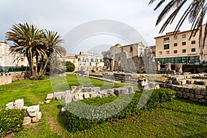 Tropical trees surround the remains of stone ruins photo