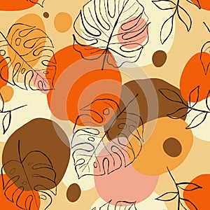 Tropical trendy seamless background yellow brown and orange color, leaf monstera palm tree jungle. Bright contrast
