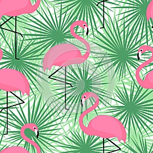 Tropical trendy seamless pattern with flamingos and palm leaves. Exotic Hawaii art background.