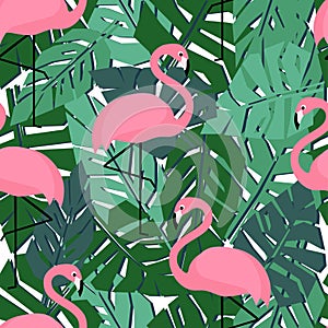 Tropical trendy seamless pattern with flamingos and palm leaves.