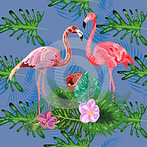 Tropical trendy seamless pattern with pink flamingos and mint green palm leaves