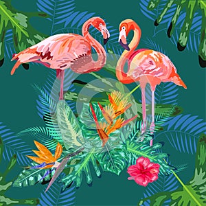 Tropical trendy seamless pattern with pink flamingos and mint green palm leaves