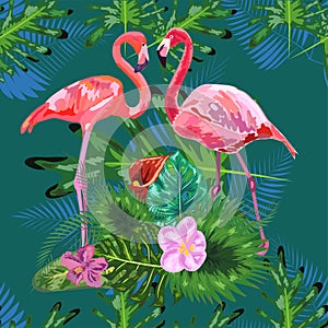 Tropical trendy seamless pattern with pink flamingos and mint green palm leaves