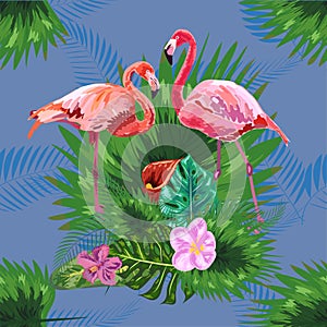 Tropical trendy seamless pattern with pink flamingos and mint green palm leaves.