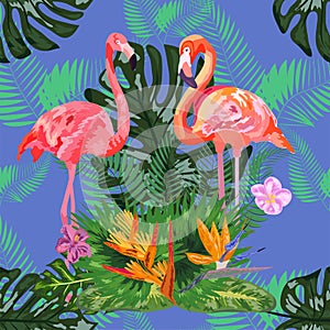 Tropical trendy seamless pattern with pink flamingos and mint green palm leaves