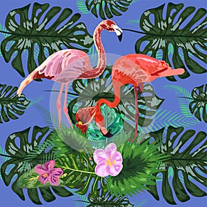 Tropical trendy seamless pattern with pink flamingos and mint green palm leaves