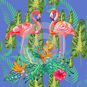 Tropical trendy seamless pattern with pink flamingos and mint green palm leaves