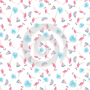 Tropical trendy seamless pattern with pink flamingos and mint green palm leaves.