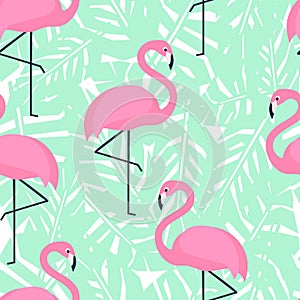 Tropical trendy seamless pattern with pink flamingos and mint green palm leaves.