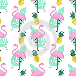 Tropical trendy seamless pattern with pink flamingos, pineapples and green palm leaves on white background.