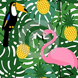 Tropical trendy seamless pattern with pink flamingos, toucans, pineapples and green palm leaves.