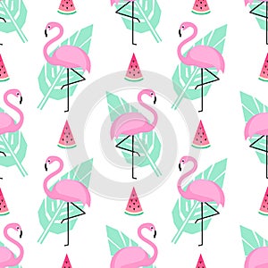 Tropical trendy seamless pattern with pink flamingos, watermelon and mint green palm leaves on white background.