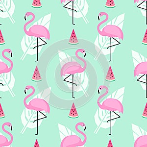 Tropical trendy seamless pattern with pink flamingos, watermelon and palm leaves on mint green background.