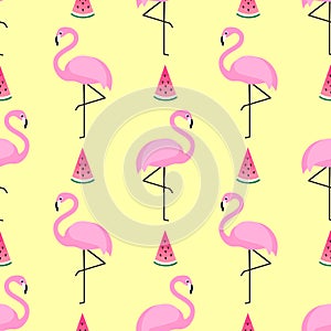 Tropical trendy seamless pattern with pink flamingos and watermelon on yellow background.