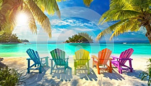 Tropical Turquoise Beach with a Row of Colorful Outdoor Adirondack Chairs - Generative Ai