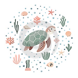 Tropical turtle floating underwater. Vector illustration. Isolated on white background. Cartoon sea animal