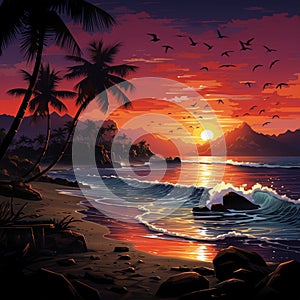 Tropical twilight, Oceans edge palms, distant yacht sunsets beauty depicted through vectors
