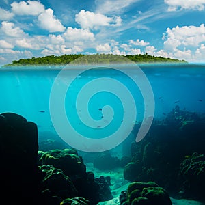 Tropical underwater shot splitted with island