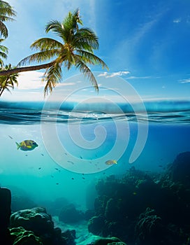 Tropical underwater shot splitted with surface