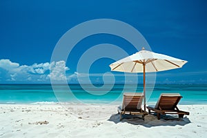 tropical vacation background. Sundbeds under the sun shade on sandy tropical beach