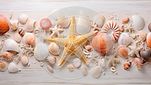 Tropical vacation banner with seashells, corals, starfish on white sand beach, summer travel concept