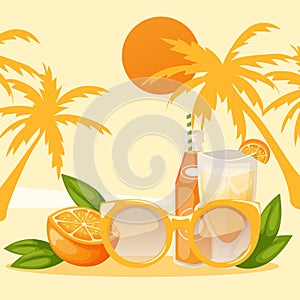 Tropical vacation banner vector illustration. Piece of orange and bottle of drink or juice with glasses on beach. Ocean