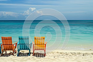 tropical vacation concept. Colorfull wooden chairs sunbeds on the sandy beach