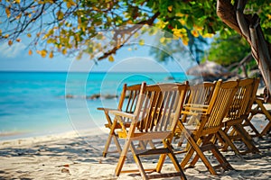 tropical vacation concept. Colorfull wooden chairs sunbeds on the sandy beach