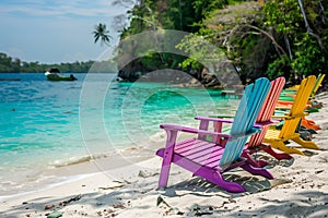 tropical vacation concept. Colorfull wooden chairs sunbeds on the sandy beach