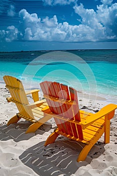 tropical vacation concept. Colorfull wooden chairs sunbeds on the sandy beach