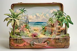 Tropical Vacation Concept with Miniature Beach Scene in Suitcase