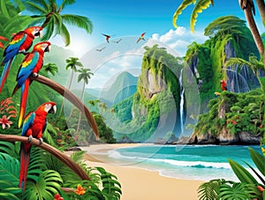 tropical vacation paradise with parrots roosting and flying