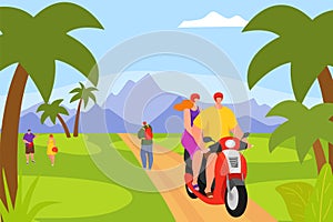 Tropical vacation, travel at scooter, vector illustration, man woman character couple ride motorbike at summer nature