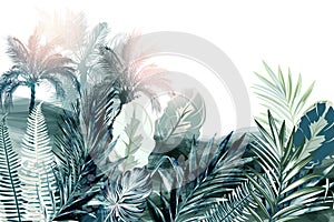 Tropical vector background or wallpaper poster with palm treed and green leaves, watercolor realistic style